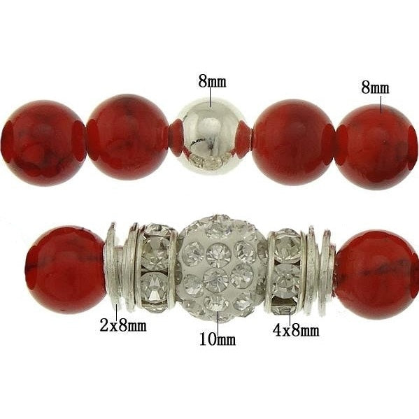 Detail van rood koralen armband met stras steentjes met maatindicatie | Coral Bling