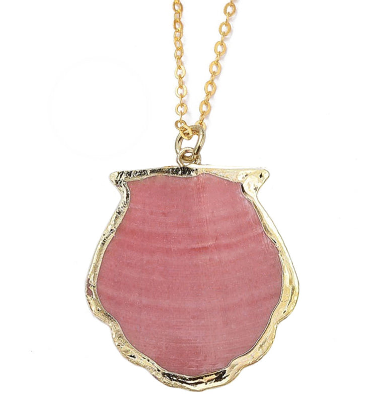 Detail van schelpen ketting met roze Shell schelp en goud edelstaal | set Gold Sea Shell Pink