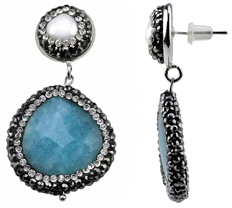 Witte zoetwater parel oorbellen met stras steentjes en blauwe jade, voor en zijkant | Bright Pearl Blue Jade