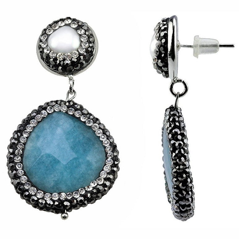 Witte zoetwater parel oorbellen met stras steentjes en blauwe jade, voor en zijkant | Bright Pearl Blue Jade