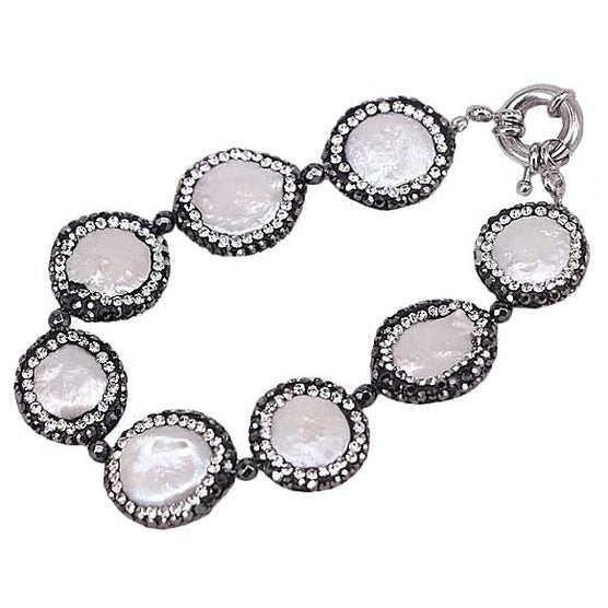 Wit zoetwater parel armband met stras steentjes achterzijde | Bright Coin Pearl