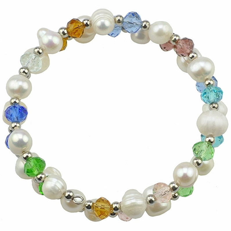 Wit zoetwater parel wikkelarmband met gekleurde kristallen, bovenaanzicht | Multi Glass Pearl