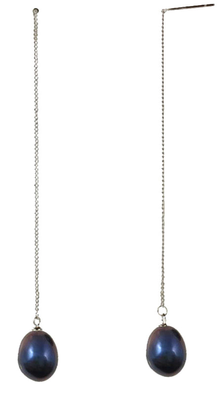 Lange zoetwater parel oorbellen met blauw zwarte parels en sterling zilver (925) hangend | Pearl Chain Black
