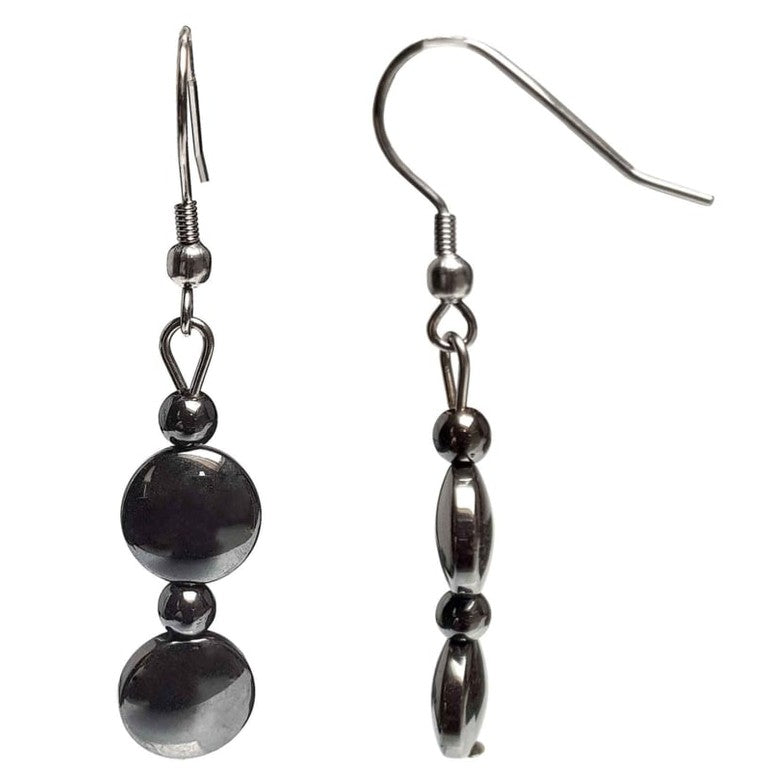 Zwarte edelstenen oorbellen van hematiet en zilver edelstaal voor en zijaanzicht | set Hematite Coin (KO)