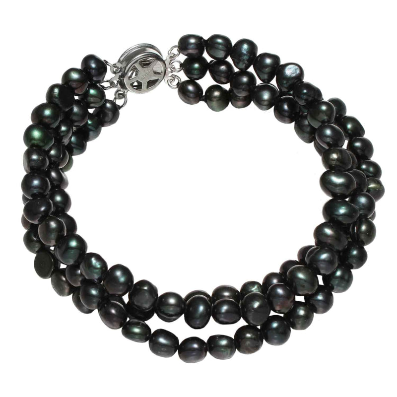 Zoetwater parel armband met 3 rijen blauw zwarte parels, achterzijde | Black Three Baroque Pearl