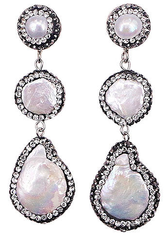 Lange zoetwater parel oorbellen met witte parels en stras steentjes | Bright 3 Pearl