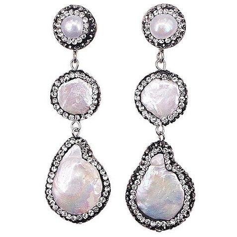 Lange zoetwater parel oorbellen met witte parels en stras steentjes | Bright 3 Pearl