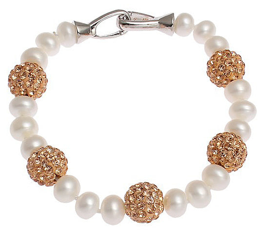 Wit zoetwater parel armband met gouden stras steentjes | Bling Rosé Golden Pearl