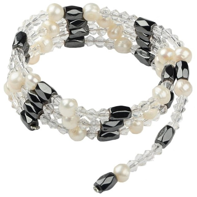Zoetwater parelketting met witte parels, zwart magnetiet en glaskristallen ook te dragen als parel armband| Pearl Clear Crystal Magnetite Wrap