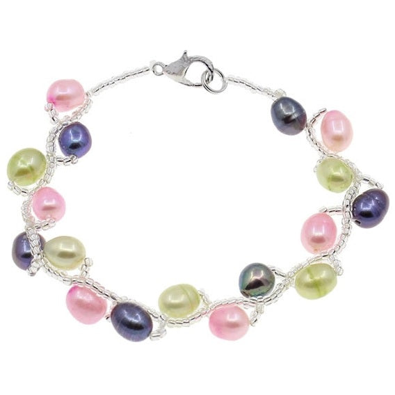 Zoetwater parel armband met roze, lime groen en grijze parels | Twist Pearl Mix Color