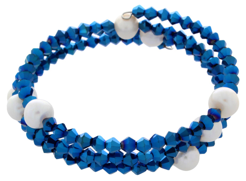 Wit zoetwater parel wikkelarmband met blauwe stras steentjes | Pearl W Metalic Blue