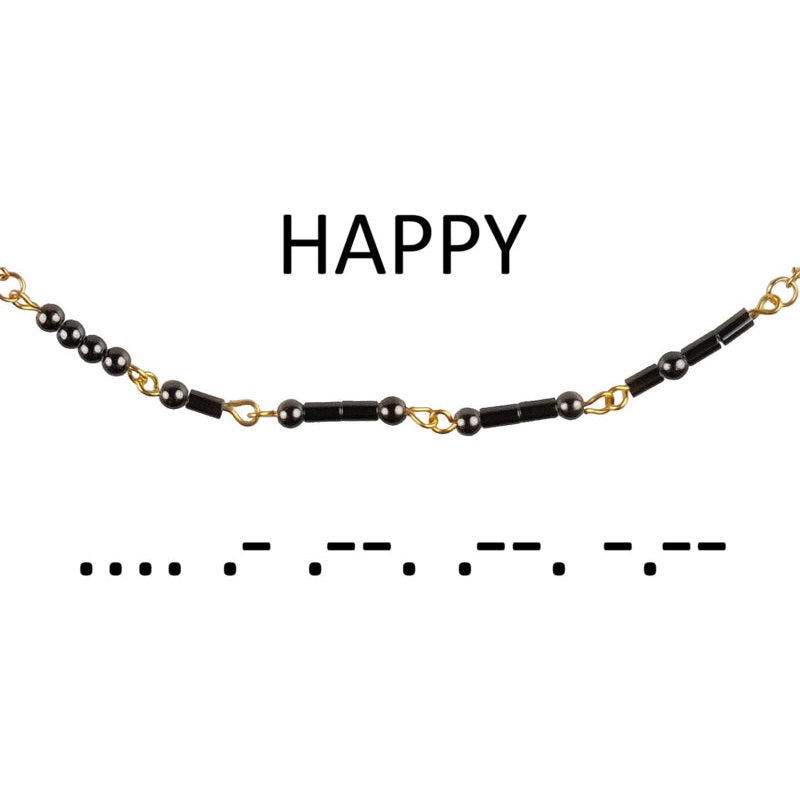 Detail met uitleg over zwarte edelstenen ketting met goud edelstaal en hematiet stenen die het woord HAPPY in morse code weer geeft | Morse Code Happy Black Hematite Gold