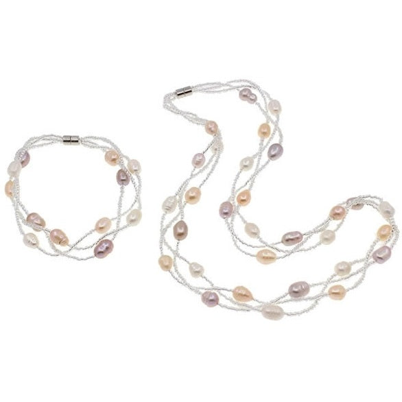Zoetwater parel set bestaande uit parelketting en parel armband met witte, zalm en roze parels in 3 rijen met magneetslot | set Twine Pearl Soft Colors 2