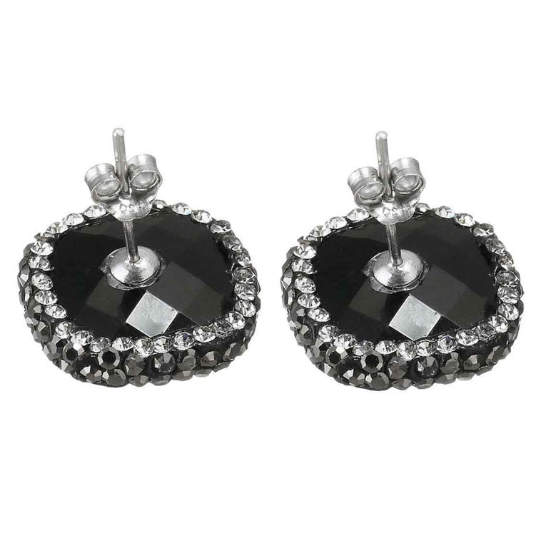 Zwarte edelstenen oorknoppen met agaat, stras steentjes en sterling zilver (925) achterzijde | Bright Black Agate Square