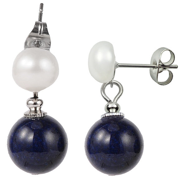 Zoetwater parel oorbellen met witte parel en lapis lazuli voor en zijaanzicht | Pearl Stud Lapis Lazuli