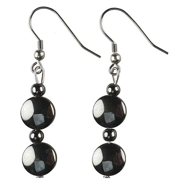 Zwarte edelstenen oorbellen van hematiet en zilver edelstaal | set Hematite Coin (KO)