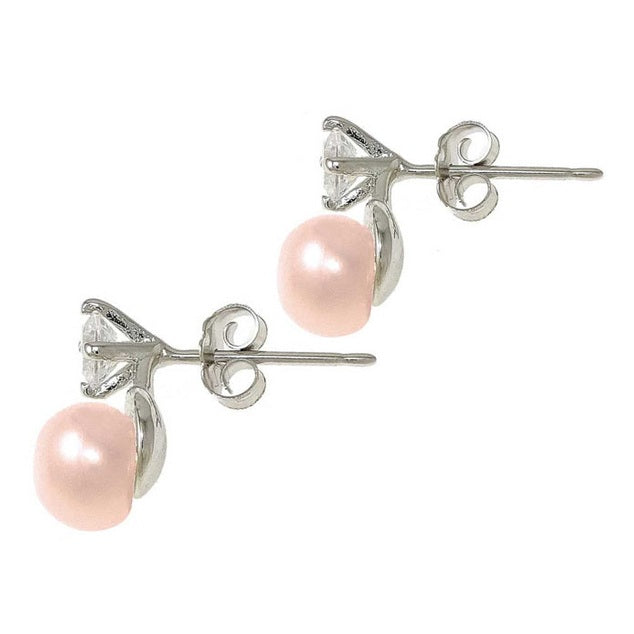 Zoetwater parel oorbellen met zalm roze parel en stras steen, zijaanzicht | Bling Ann Pe