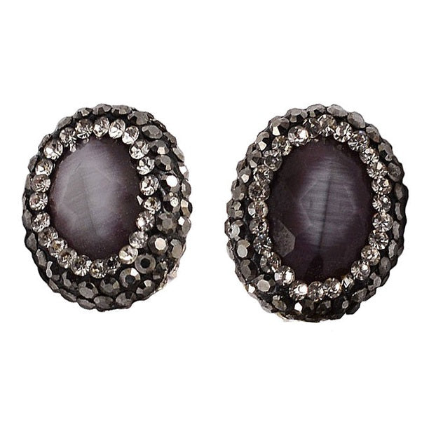 Grijs paarse edelstenen oorknoppen met kattenoog, stras steentjes en sterling zilver (925) | Bright Grey Oval Cat’s Eye