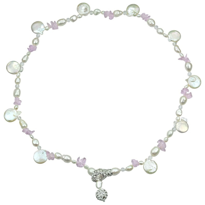 Verstelbare zoetwater parelketting met witte parels, stras steentjes en licht paarse edelstenen amethist | White Coin White Amethyst