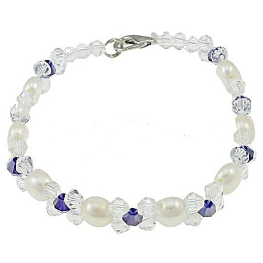 Wit zoetwater parel armband met blauwe facet geslepen kristallen, bovenaanzicht | Button Pearl Blue Chrystal