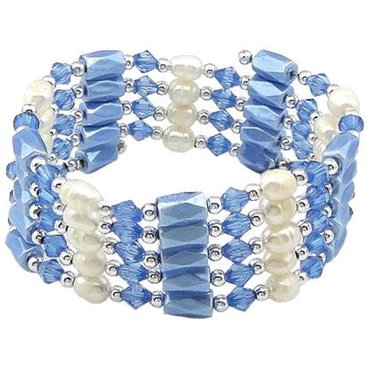 Ook te dragen als zoetwater parel armband met witte parels en blauwe edelsteen magnetiet | Wrap Magenetite Blue Pearl