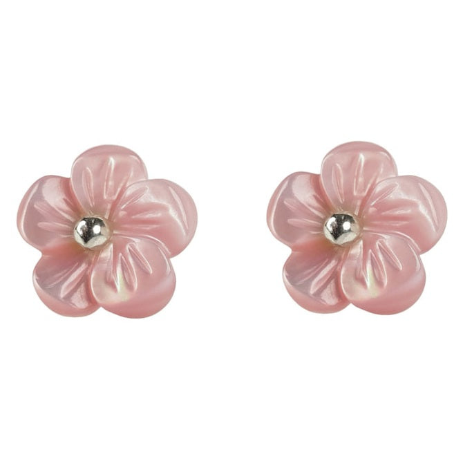 Roze parelmoeren oorbellen in bloem vorm met sterling zilver 925 vooraanzicht | Pink Shell Flower