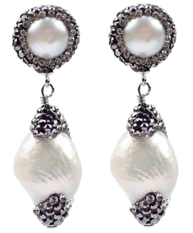 Zoetwater parel oorbellen met stras steentjes, vooraanzicht | Double Bling Baroque Pearl