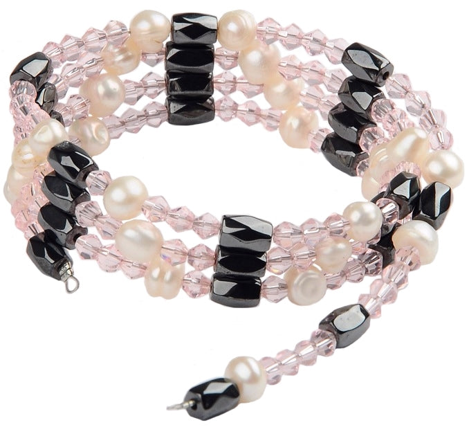 Wit zoetwater parel wikkel armband met edelsteen magnetiet en roze kristal