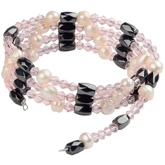 Wit zoetwater parel wikkelarmband met edelsteen magnetiet en roze kristal | Pearl Pink Crystal Magnetite Wrap
