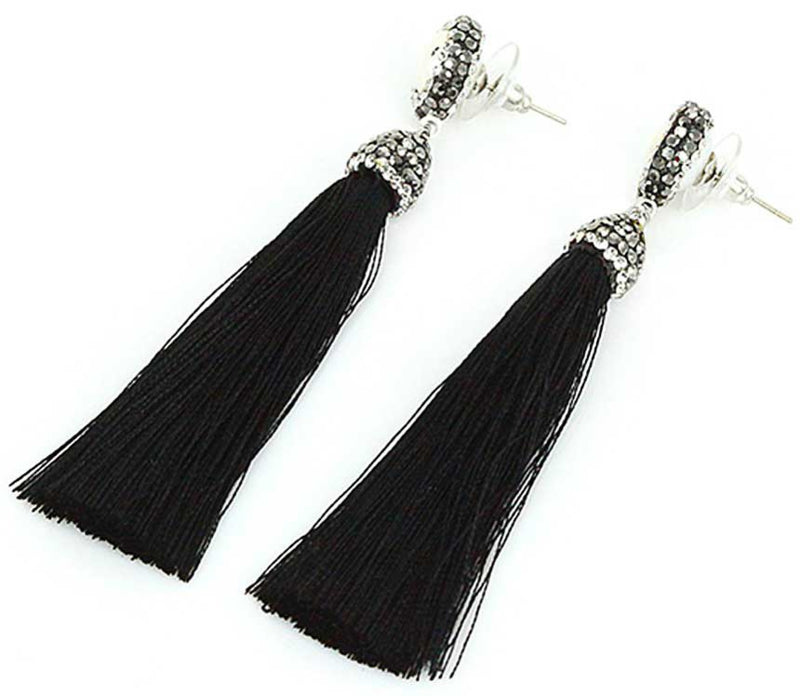 Lange zoetwater parel oorbellen met witte parel en zwart kwastje, zijaanzicht | Bright Pearl Black Tassel