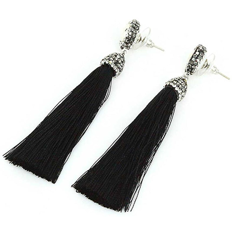 Lange zoetwater parel oorbellen met witte parel en zwart kwastje, zijaanzicht | Bright Pearl Black Tassel