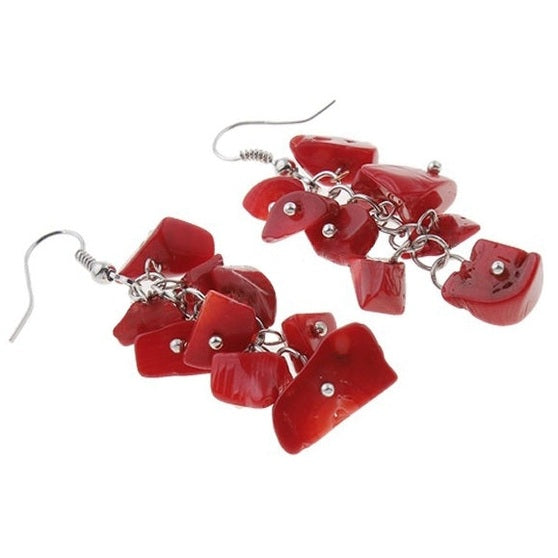Rood koralen oorbellen met trosje koraal en sterling zilver 925 liggend | Coral Pieces Long