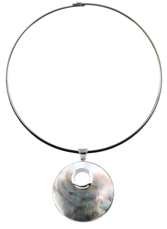 Grijze parelmoeren ketting met hanger | Donut Round Black Shell