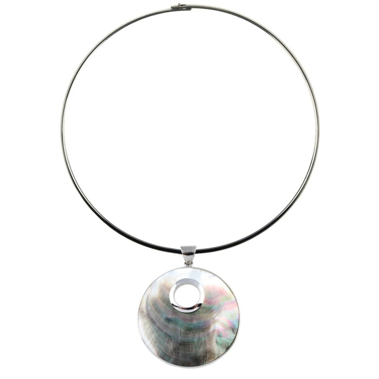 Grijze parelmoeren ketting met hanger | Donut Round Black Shell