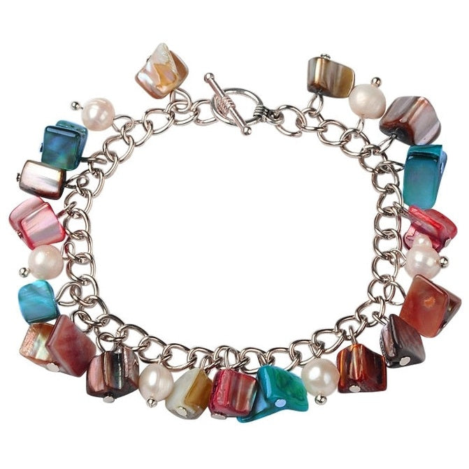 Zoetwater parel bedelarmband met witte parels en gekleurd parelmoer | Pearl Color Shell Chip
