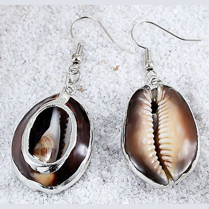 Donker bruine schelpen oorbellen met sterling zilver (925) voor en achterzijde liggend | Shell Cowrie Silver
