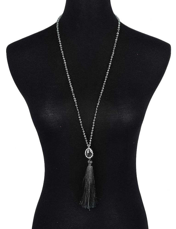 Edelstenen ketting Long Bright Black Agate Tassel