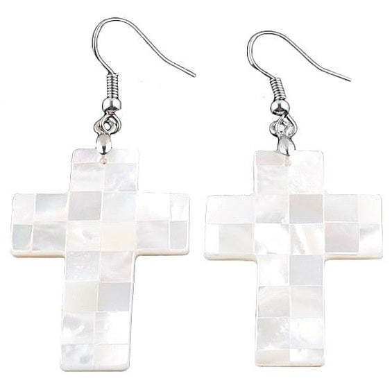 Wit parelmoeren oorbellen in kruis en sterling zilver 925 | White Mosaic Cross