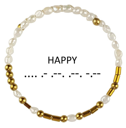 Cadeau set zoetwater parel armband Morse Code Happy Pearl Gold