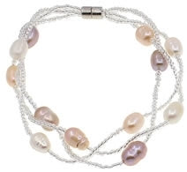 Zoetwater parel armband met witte, zalm en roze parels in 3 rijen met magneetslot | set Twine Pearl Soft Colors 2