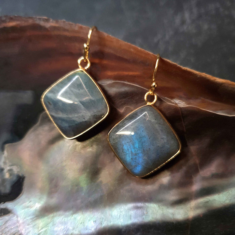 Edelstenen oorbellen met labradoriet en goud edelstaal hangend in schelp | Labradorite Gold Square