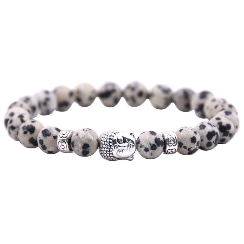 Edelstenen armband met dalmatiër jaspis en een Boeddha hoofd | Elastisch | Buddha Dalmatian