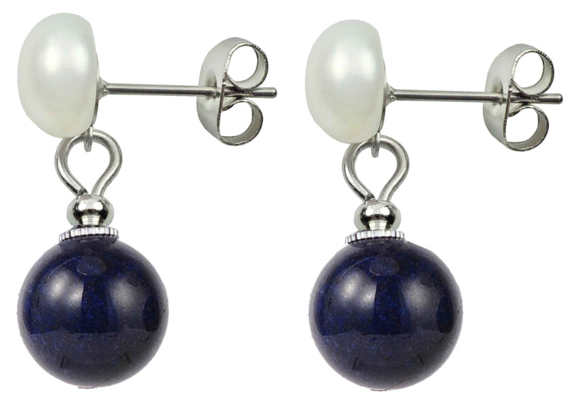 Zoetwater parel oorbellen met witte parel en lapis lazuli zijaanzicht | Pearl Stud Lapis Lazuli