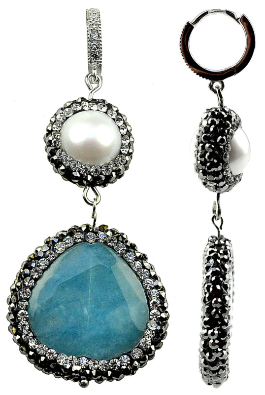 Witte zoetwater parel oorringen met stras steentjes en blauwe jade | Bright Pearl Blue Jade Silver