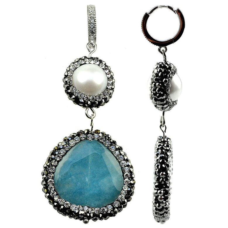 Witte zoetwater parel oorringen met stras steentjes en blauwe jade | Bright Pearl Blue Jade Silver