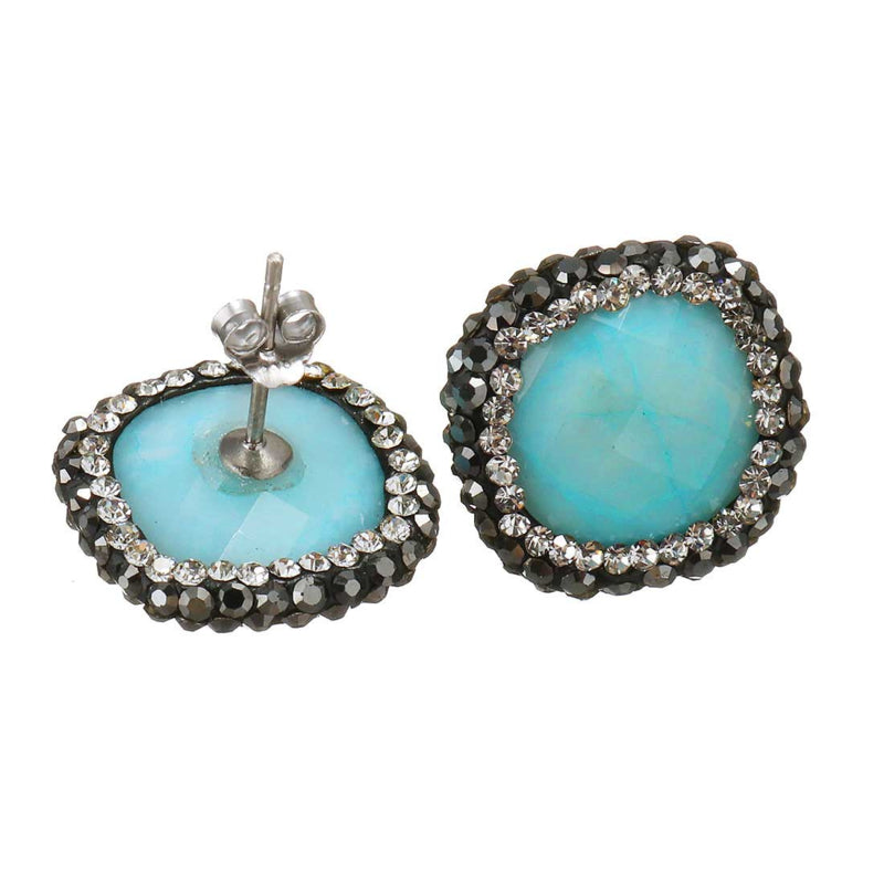 Licht blauwe edelstenen oorknoppen met agaat, stras steentjes en sterling zilver (925) voor en achterzijde | Bright Aqua Jade Square