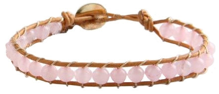 Roze edelstenen armband met rozenkwarts en licht bruin leer | Wrap Rose Quartz Light