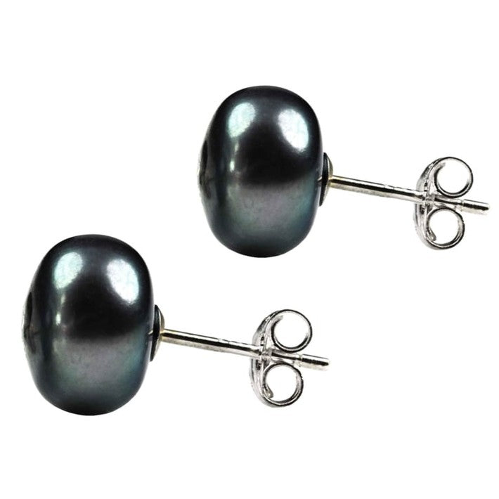 Zwarte zoetwater parel oorknopjes met stras steentje zijaanzicht | Mea Bling B