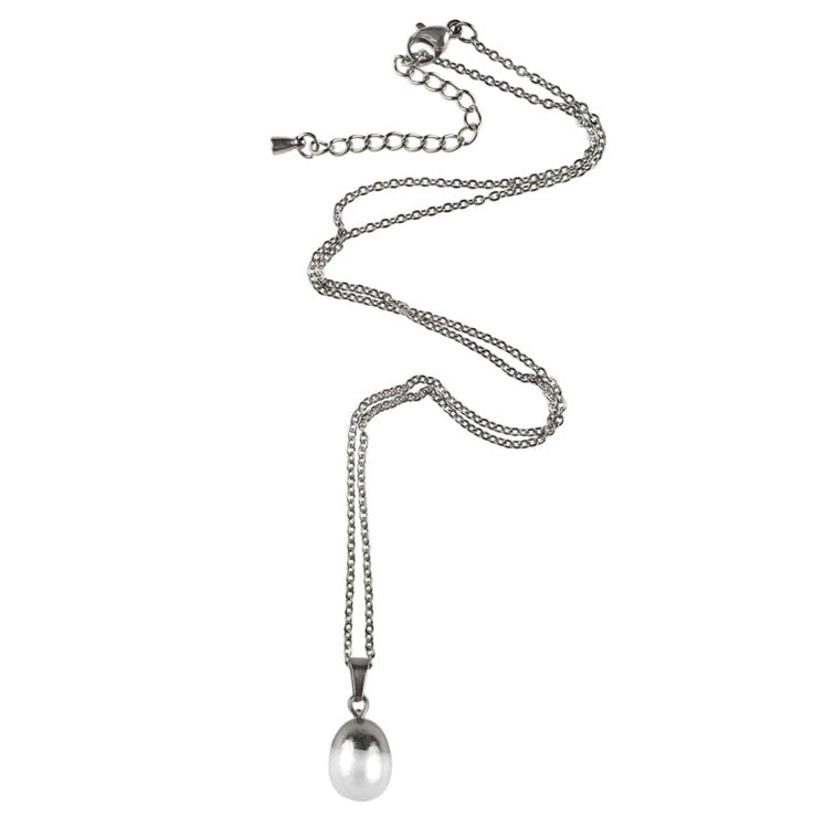 Witte zoetwater parelketting met zilver edelstaal en parel hanger | set Silver Dip White Pearl