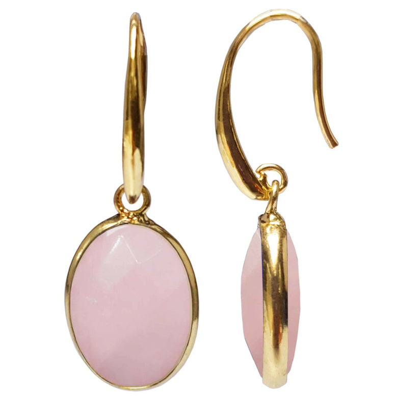 Roze edelstenen oorbellen met rozenkwarts, voor- en zijaanzicht | Gold Oval Rose Quartz